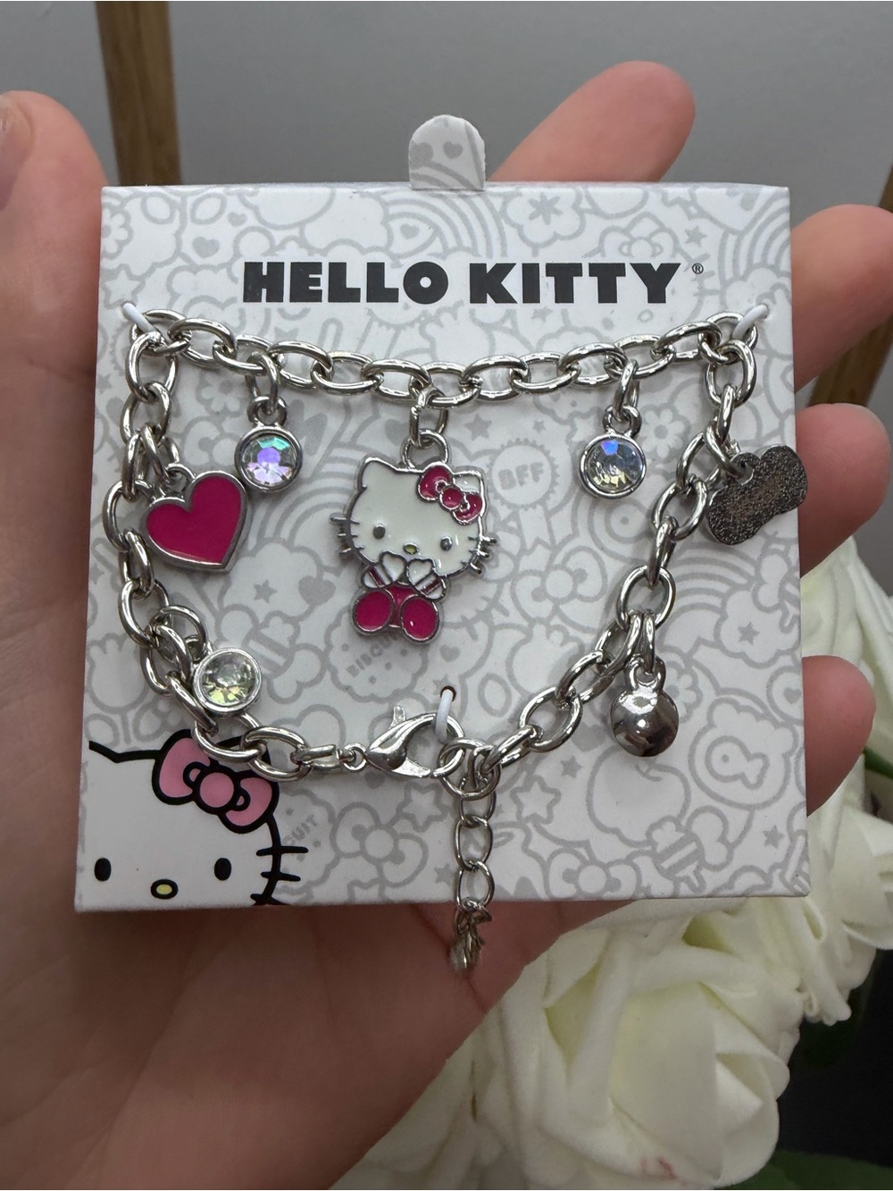 Hello Kitty Silver-tone Bracelet with Pink Enamel Charms